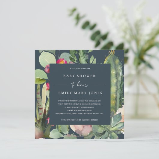 NAVY PINK FLORAL DESERT CACTI FOLIAGE BABY SHOWER KAART (Staand voorkant)