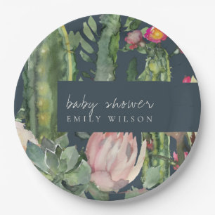 NAVY PINK FLORAL DESERT CACTI FOLIAGE BABY SHOWER PAPIEREN BORDJE