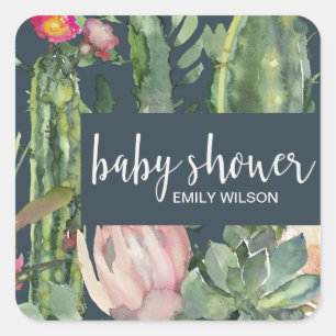 NAVY PINK FLORAL DESERT CACTI FOLIAGE BABY SHOWER VIERKANTE STICKER