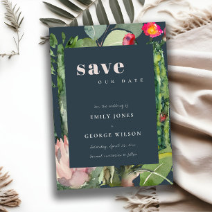 NAVY PINK FLORAL DESERT CACTI FOLIAGE WATERVERF SAVE THE DATE