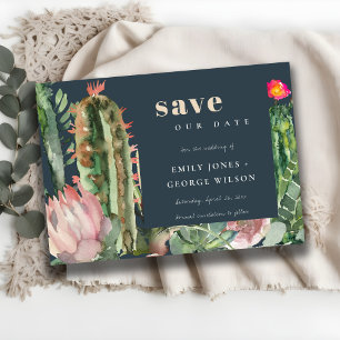 NAVY PINK FLORAL DESERT CACTI FOLIAGE WATERVERF SAVE THE DATE
