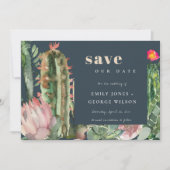 NAVY PINK FLORAL DESERT CACTI FOLIAGE WATERVERF SAVE THE DATE (Voorkant)