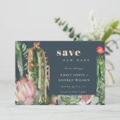 NAVY PINK FLORAL DESERT CACTI FOLIAGE WATERVERF SAVE THE DATE (Staand voorkant)