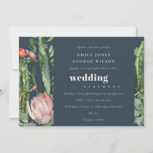 NAVY PINK FLORAL DESERT CACTI WATERVERF WEDING KAART (Voorkant)