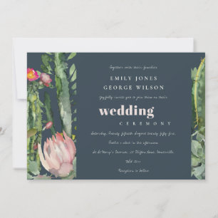 NAVY PINK FLORAL DESERT CACTI WATERVERF WEDING KAART