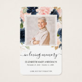 Navy Pink Floral Foto Sympathie Funeral Prayer Visitekaartje (Voorkant)