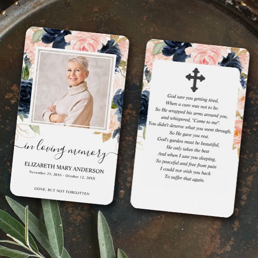 Navy Pink Floral Foto Sympathie Funeral Prayer Visitekaartje