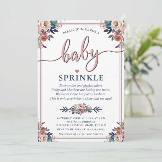 Navy Pink Floral Geslacht Neutraal Baby Sprinkle G Kaart (Staand voorkant)