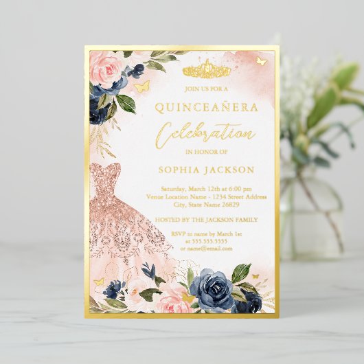 Navy Pink Floral Tiara Dress Elegant Quinceanera Folie Uitnodiging (Staand Voorkant)