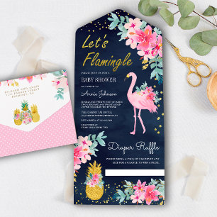 Navy Pink Floral Tropical Flamingo Baby shower All In One Uitnodiging