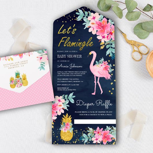 Navy Pink Floral Tropical Flamingo Baby shower All In One Uitnodiging