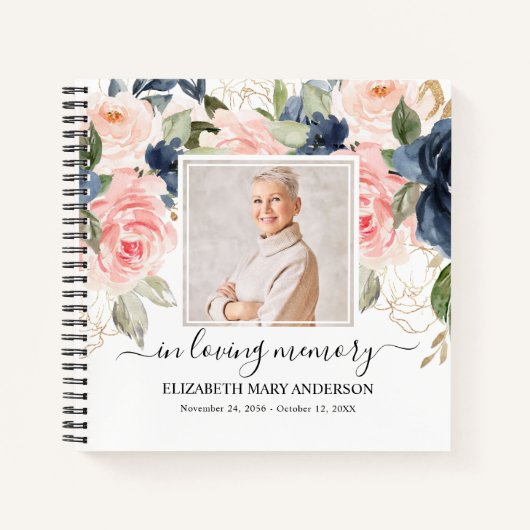Navy Pink Foto Funeral Waterverf Guest Book Notitieboek (Voorkant)