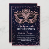 Navy Pink Glitter Confetti Masquerade Birthday Kaart (Voorkant / Achterkant)