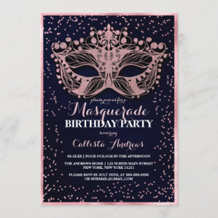 Navy Pink Glitter Confetti Masquerade Birthday Kaart