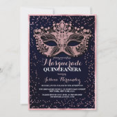 Navy Pink Glitter Confetti Masquerade Quinceañera Kaart (Voorkant)