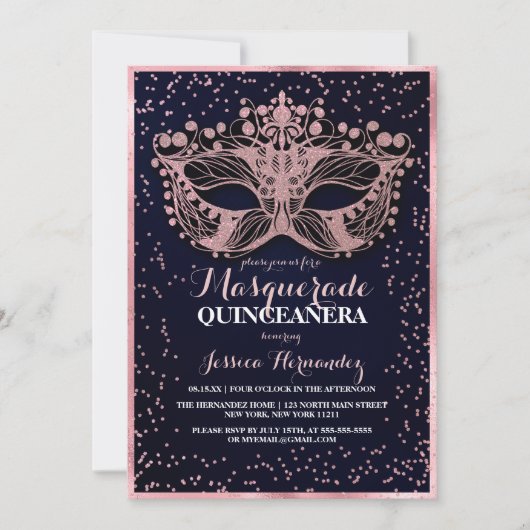 Navy Pink Glitter Confetti Masquerade Quinceañera Kaart (Voorkant)