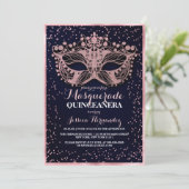 Navy Pink Glitter Confetti Masquerade Quinceañera Kaart (Staand voorkant)