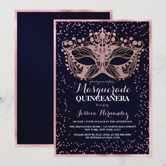 Navy Pink Glitter Confetti Masquerade Quinceañera Kaart (Voorkant / Achterkant)