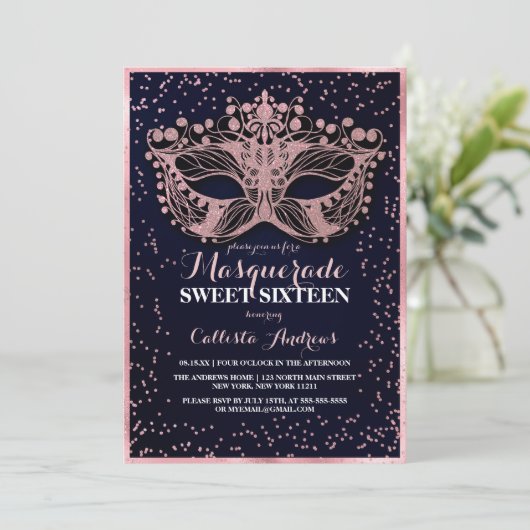 Navy Pink Glitter Confetti Masquerade Sweet 16 Kaart (Staand voorkant)
