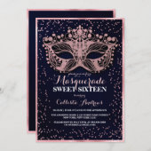 Navy Pink Glitter Confetti Masquerade Sweet 16 Kaart (Voorkant / Achterkant)