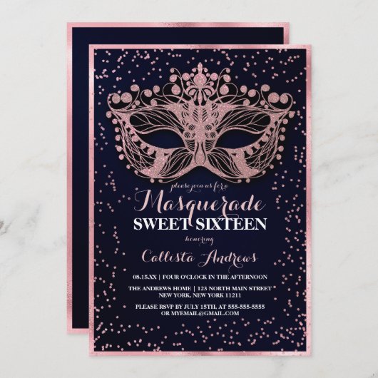 Navy Pink Glitter Confetti Masquerade Sweet 16 Kaart (Voorkant / Achterkant)