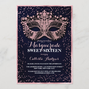 Navy Pink Glitter Confetti Masquerade Sweet 16 Kaart