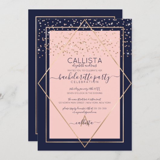 Navy Pink Gold Confetti Border Bachelorette Kaart (Voorkant / Achterkant)