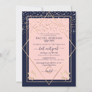 Navy Pink Gold Confetti Border Bat Mitzvah Kaart