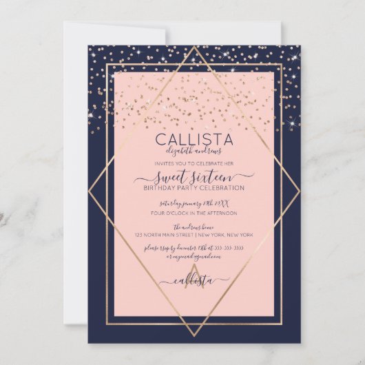 Navy Pink Gold Confetti Border Sweet 16 Kaart (Voorkant)