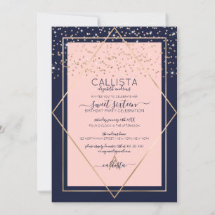 Navy Pink Gold Confetti Border Sweet 16 Kaart