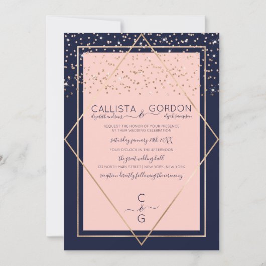 Navy Pink Gold Confetti Geo Border Wedding Kaart (Voorkant)