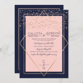 Navy Pink Gold Confetti Geo Border Wedding Kaart (Voorkant / Achterkant)