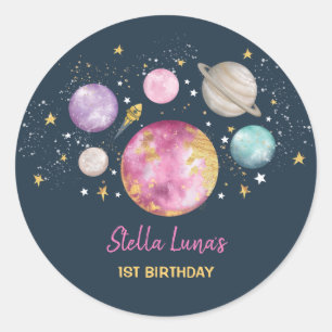 Navy Pink Gold Outer Space Girls Birthday Party Ronde Sticker
