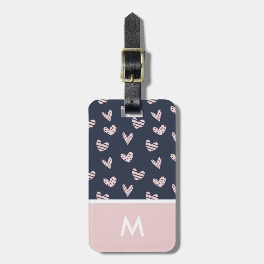 Navy Pink Hearts Gepersonaliseerd Initiaal Bagagelabel (Voorkant verticaal)