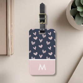 Navy Pink Hearts Gepersonaliseerd Initiaal Bagagelabel