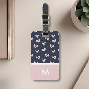Navy Pink Hearts Gepersonaliseerd Initiaal Bagagelabel