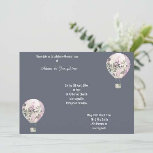 NAVY PINK HOT AIR BALLOON ELEGANT WEDING KAART (Staand voorkant)
