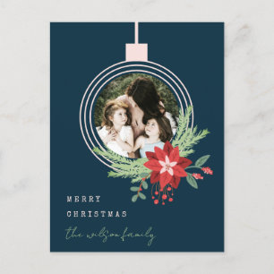 Navy Pink-kerstornament Foto Poinsettia Feestdagenkaart