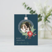 Navy Pink-kerstornament Foto Poinsettia Feestdagenkaart (Staand voorkant)