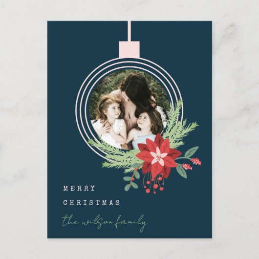 Navy Pink-kerstornament Foto Poinsettia Feestdagenkaart (Voorkant)