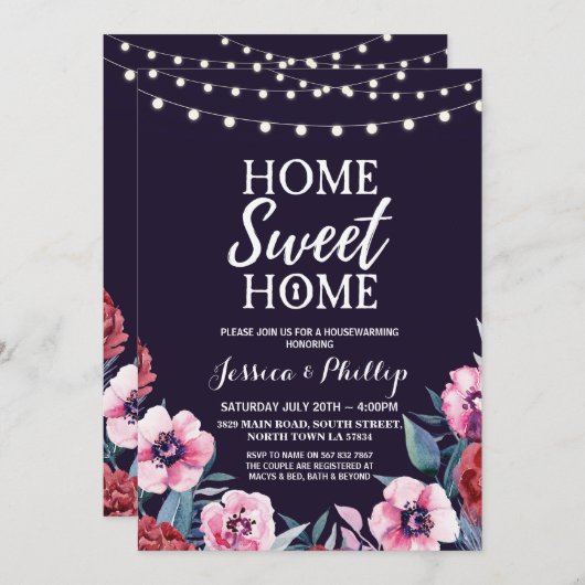 Navy Pink New Home Invite Kaart (Voorkant / Achterkant)