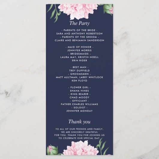 Navy Pink Peony Waterverf Wedding Programme Menu (Achterkant)
