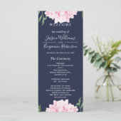 Navy Pink Peony Waterverf Wedding Programme Menu (Staand voorkant)