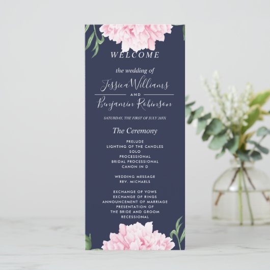 Navy Pink Peony Waterverf Wedding Programme Menu (Staand voorkant)