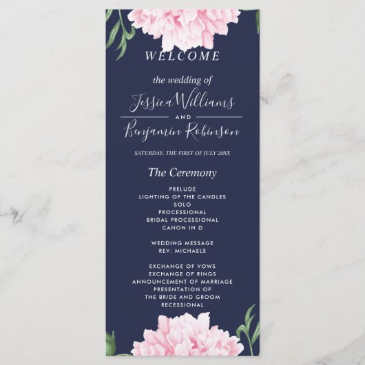 Navy Pink Peony Waterverf Wedding Programme Menu (Voorkant)