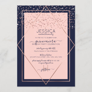 Navy Pink Rose Gold Confetti Border Quinceañera Kaart