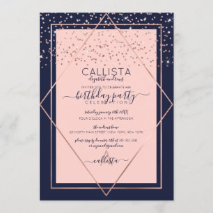 Navy Pink Rose Gold Confetti Border Verjaardag Kaart