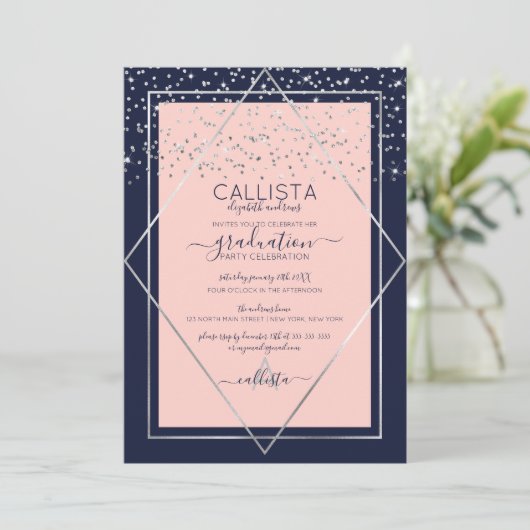 Navy Pink Silver Confetti Border Afstuderen Kaart (Staand voorkant)