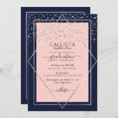 Navy Pink Silver Confetti Border Afstuderen Kaart (Voorkant / Achterkant)