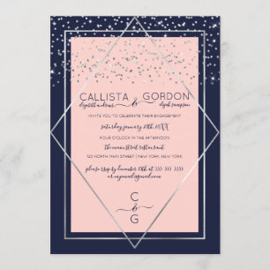 Navy Pink Silver Confetti Border Verloving Kaart